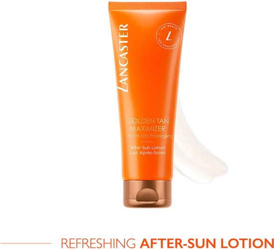 Lancaster Golden Tan Maximizer tube met oranje afwerking en witte crème.