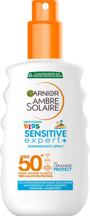 Garnier Ambre Solaire Sensitive Expert+ Kids zonnebeschermingsspray SPF 50+. Oranje dop. Zeer hoge bescherming, hypoallergeen, parfumvrij.