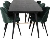 Gold eethoek eetkamertafel uitschuifbare tafel lengte cm 180 / 220 zwart en 6 Velvet eetkamerstal velours groente, zwart.