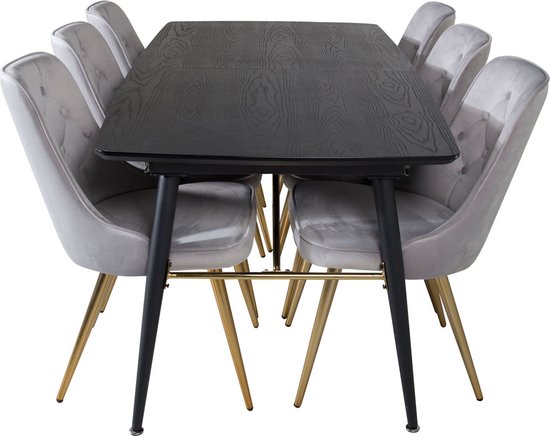 Gold eethoek eetkamertafel uitschuifbare tafel lengte cm 180 / 220 zwart en 6 Velvet Deluxe eetkamerstal velours lichtgrijs, messing decor.