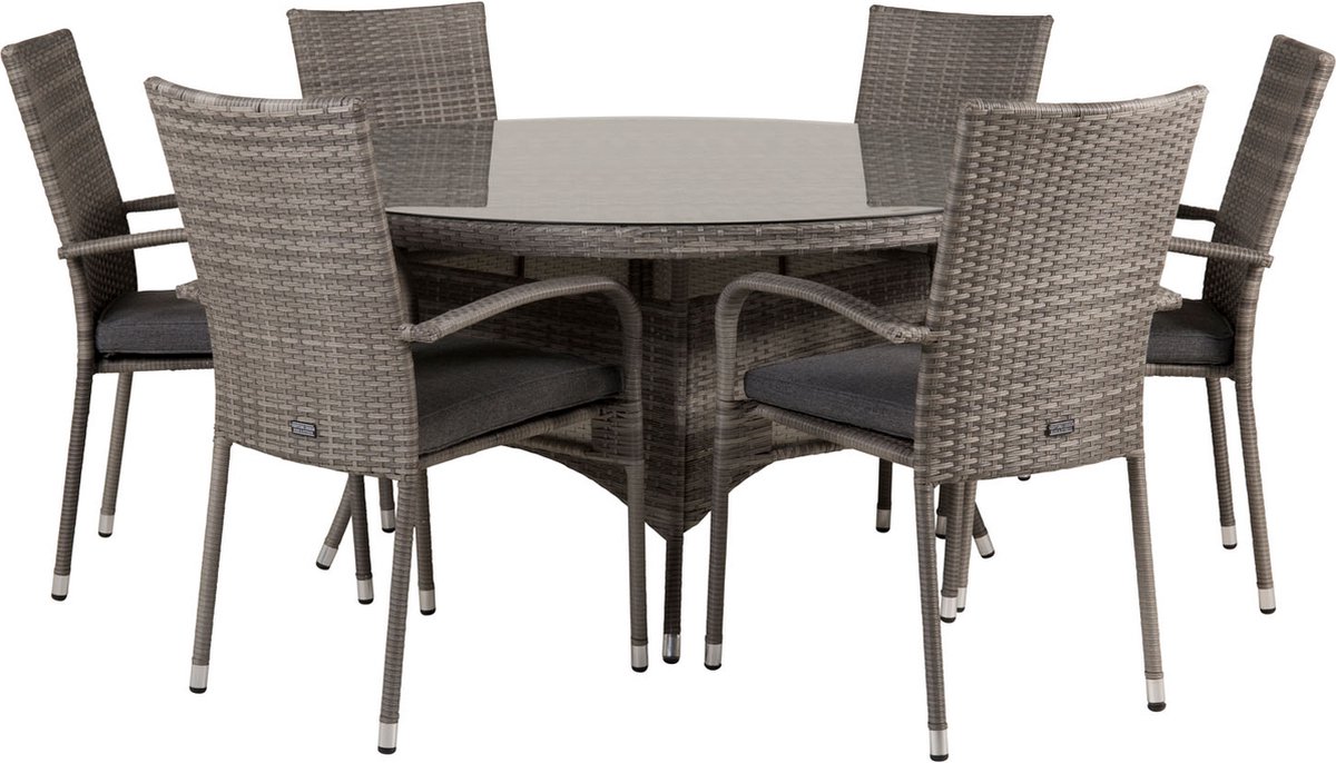 Moderne grijze tuinmeubelset met ronde tafel en 6 stoelen.
