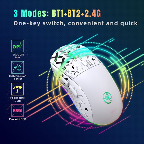 Witte gaming muis met grafische prints en RGB-verlichting. Specificaties zoals DPI en polling rate getoond.