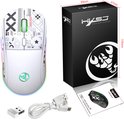 Witte gaming muis, inclusief verpakking en instructies. Afmetingen van de doos worden getoond.