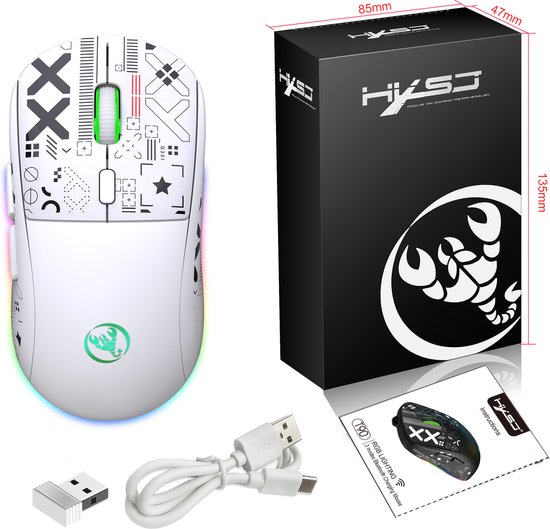 Witte gaming muis, inclusief verpakking en instructies. Afmetingen van de doos worden getoond.