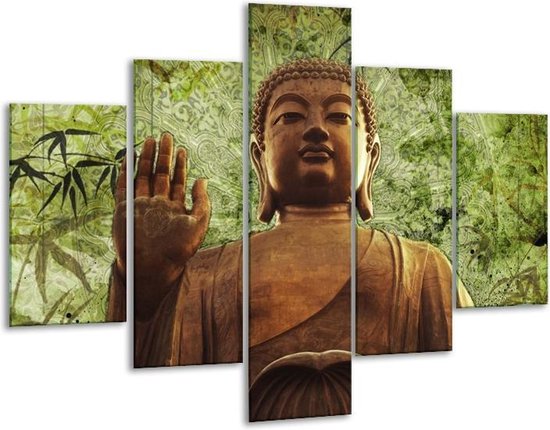 Glasschilderij -  Boeddha - Groen, Bruin - 100x70cm 5Luik - Geen Acrylglas Schilderij - GroepArt 6000+ Glasschilderijen Collectie - Wanddecoratie- Foto Op Glas