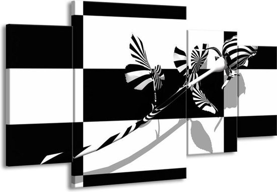 GroepArt - Schilderij -  Roos - Zwart, Wit, Grijs - 160x90cm 4Luik - Schilderij Op Canvas - Foto Op Canvas