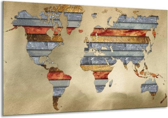 Canvas Schilderij Wereldkaart | Grijs, Crème, Bruin | | F007247