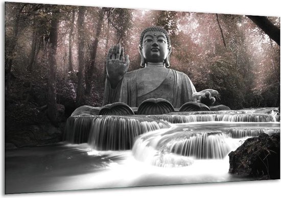 Glasschilderij Boeddha, Natuur - Grijs - 120x70cm 1Luik - Foto Op Glas - Geen Acrylglas Schilderij - GroepArt 6000+ Glasschilderijen Art Collectie - Wanddecoratie - Woonkamer - Slaapkamer