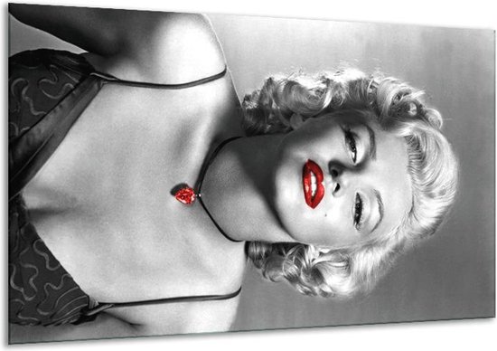 Glasschilderij Marilyn Monroe - Zwart, Grijs, Rood - 120x70cm 1Luik - Foto Op Glas - Geen Acrylglas Schilderij - GroepArt 6000+ Glasschilderijen Art Collectie - Wanddecoratie - Woonkamer - Slaapkamer