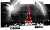 GroepArt - Schilderij - Parijs, Eiffeltoren - Zwart, Wit, Rood - 120x65cm 5Luik - Foto Op Canvas - GroepArt 6000+ Schilderijen 0p Canvas Art Collectie - Wanddecoratie