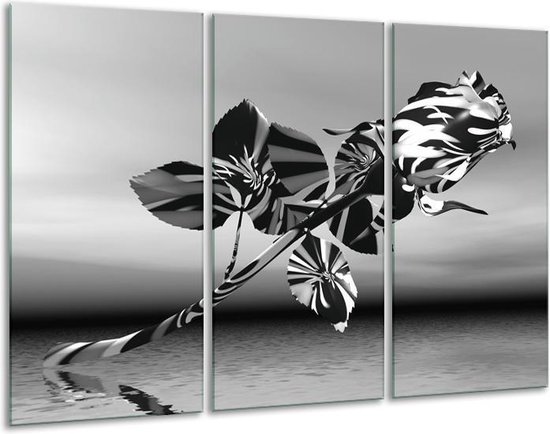 Glasschilderij Bloem, Roos - Grijs Zwart, Wit - 120x80cm 3Luik - Foto Op Glas - Geen Acrylglas Schilderij - GroepArt 6000+ Glas Art Collectie - Maatwerk Mogelijk