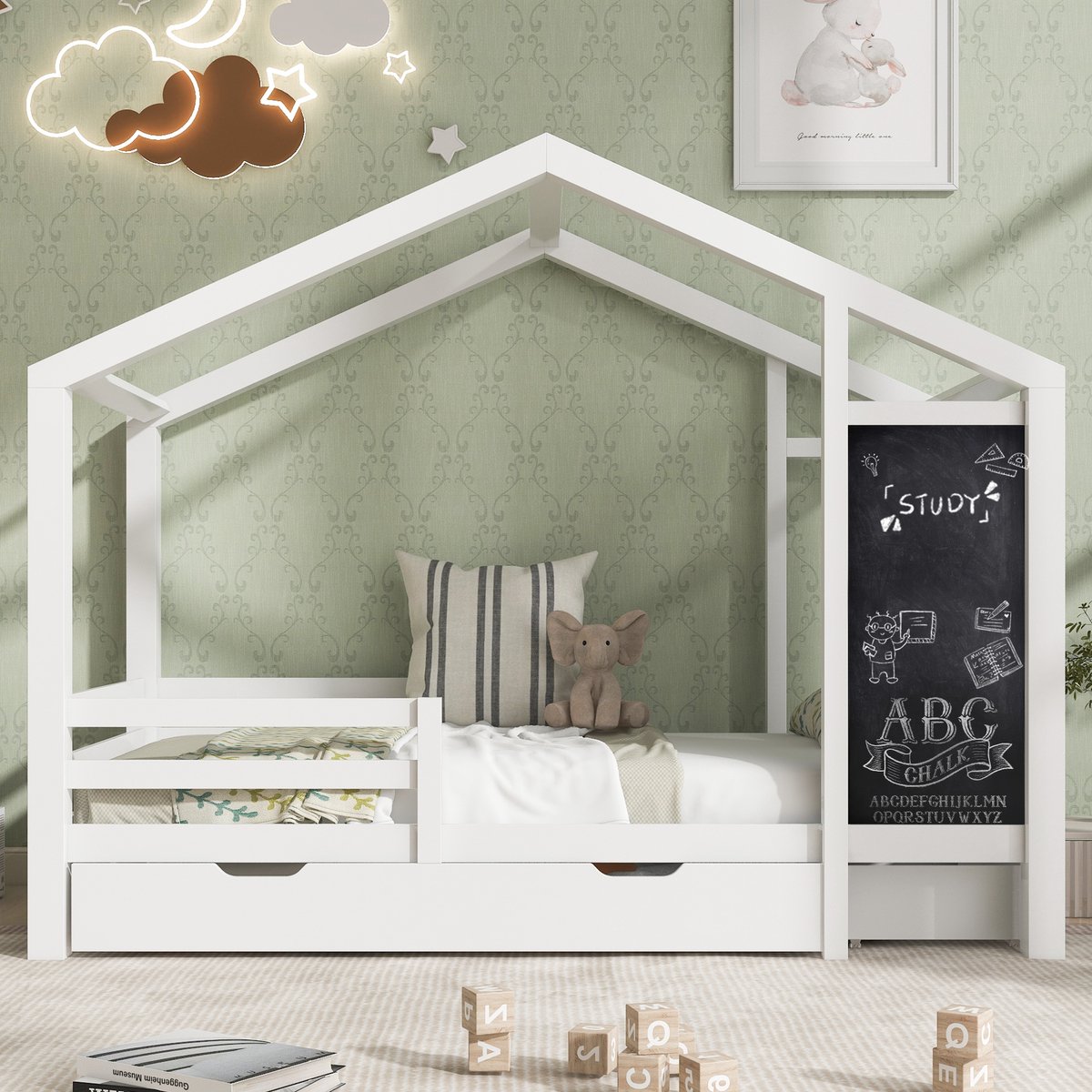Kinder Huisbed 90 x 200 cm - houten bed met plank en 2 lades - massief hout met hek en lattenbodem - wit (zonder matras)
