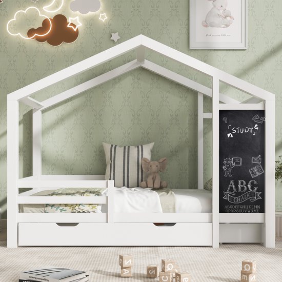 Kinder Huisbed 90 x 200 cm - houten bed met plank en 2 lades - massief hout  met hek en... | bol.com