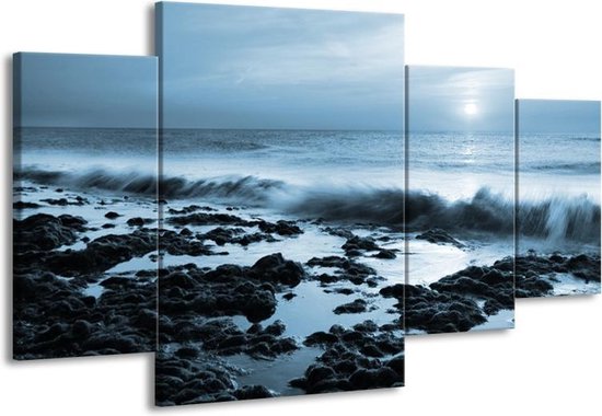 GroepArt - Schilderij -  Zee, Strand - Blauw - 160x90cm 4Luik - Schilderij Op Canvas - Foto Op Canvas