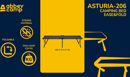 Abbey Camp Campingbed - Asturia-206 - 206 x 75 x 47 cm - Zwart van Abbey Camp — afbeelding 4