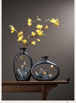 Chique Vasen Met 3D Rots Motief (2 stuks) - Zwart Goud Met Blauwe Stenen - Sier Decoratie - Luxe Decoratieve Vaas - Voor Takken of Bloemen - Gemaakt van Hoogwaardig Resin Hars - Interieur Design