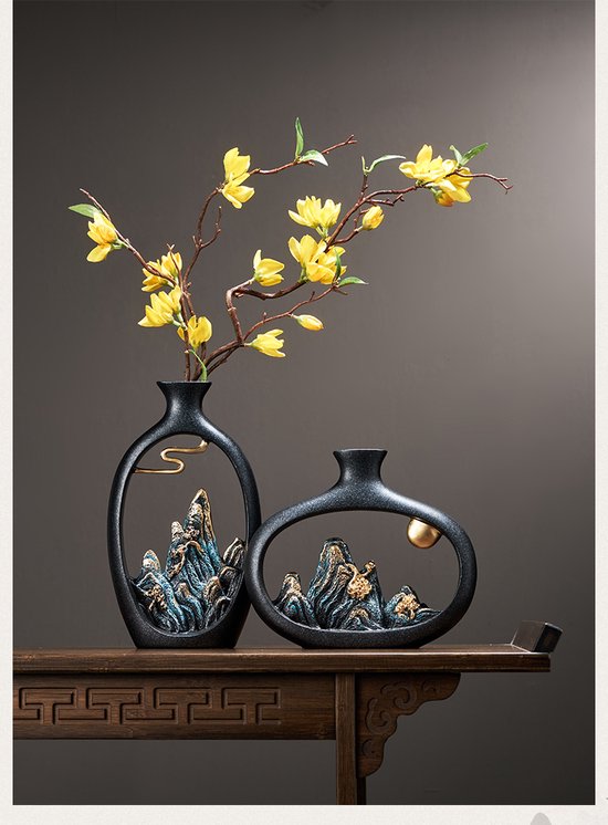 Chique Vasen Met 3D Rots Motief (2 stuks) - Zwart Goud Met Blauwe Stenen -  Sier... | bol.com
