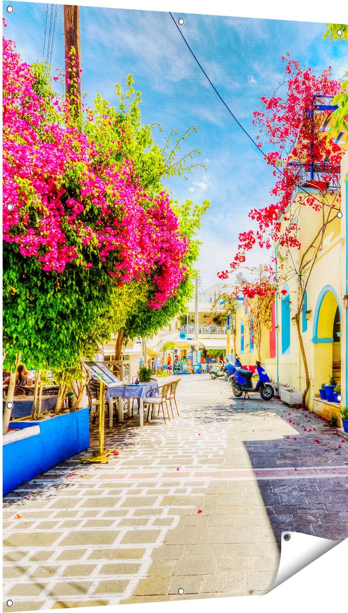 Gards Tuinposter Kleurrijke Straat op het Eiland Kos, Griekenland - 100x150 cm - Tuindoek - Tuindecoratie - Wanddecoratie buiten - Tuinschilderij Multikleur