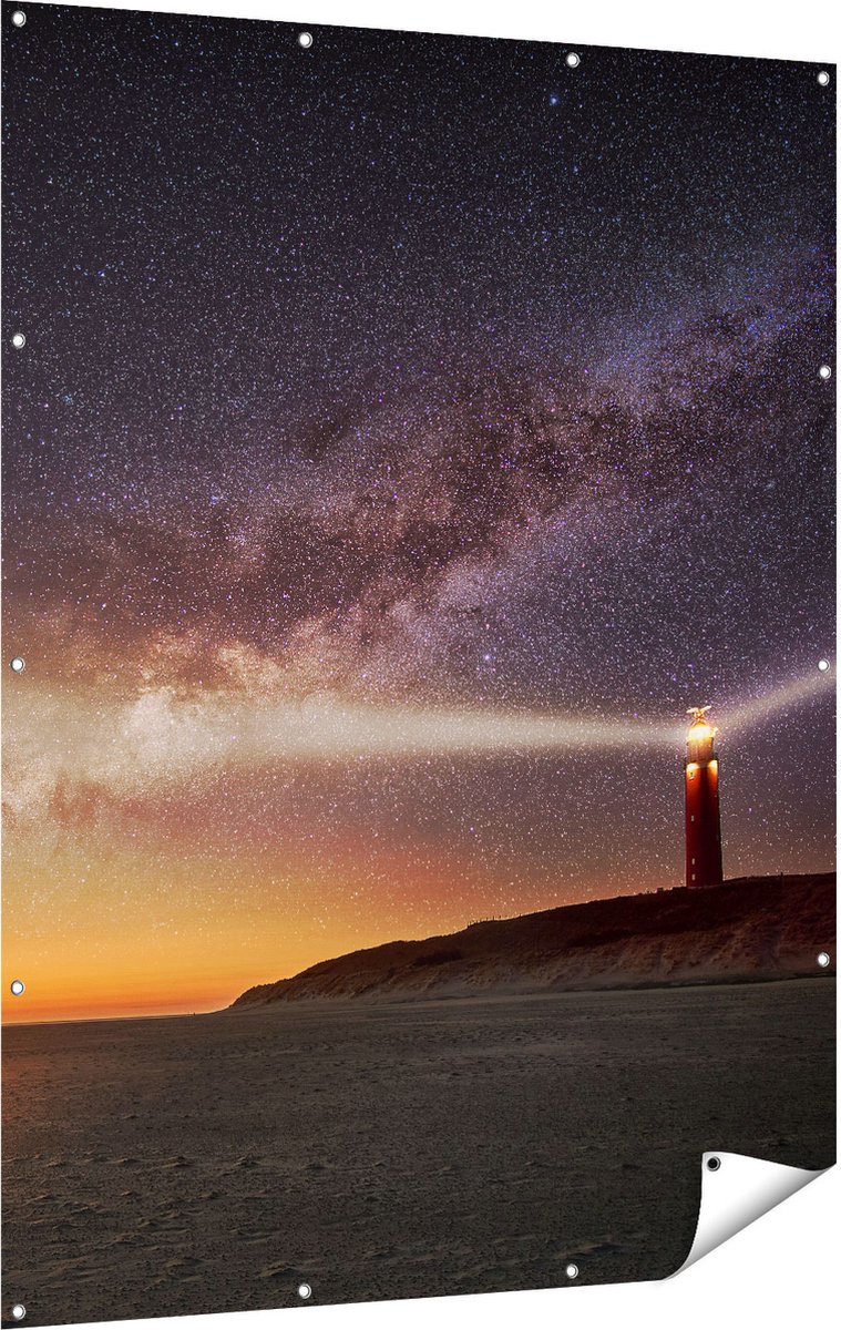 Gards Tuinposter Vuurtoren Texel in de Nacht - 120x160 cm - Tuindoek - Tuindecoratie - Wanddecoratie buiten - Tuinschilderij Multikleur
