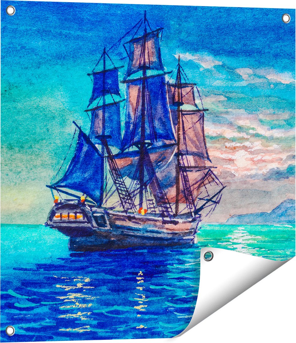 Gards Tuinposter Oude Piratenschip Zeilboot Getekend - 60x60 cm - Tuindoek - Tuindecoratie - Wanddecoratie buiten - Tuinschilderij Multikleur