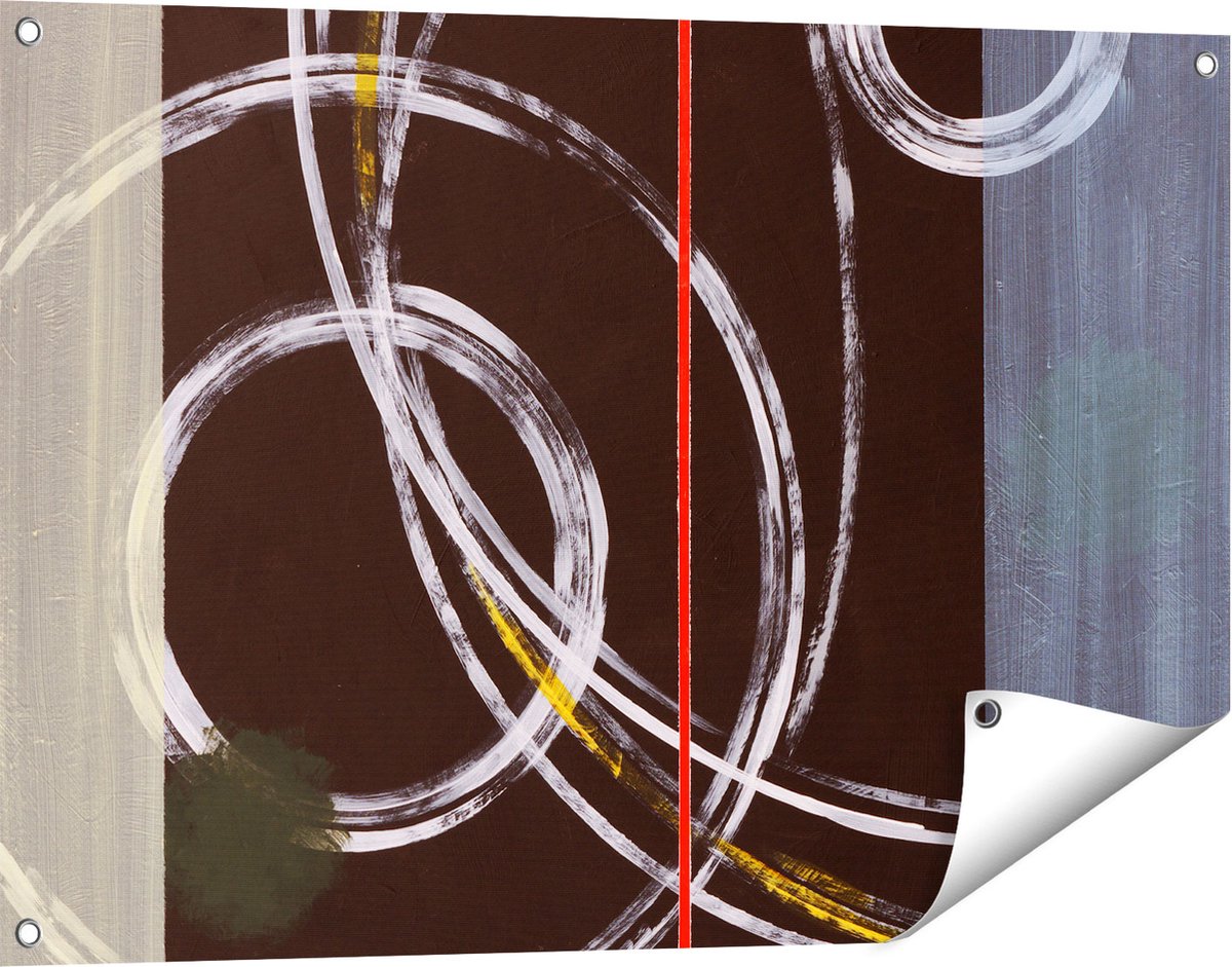 Gards Tuinposter Abstracte Cirkels met een Rode Lijn - 90x60 cm - Tuindoek - Tuindecoratie - Wanddecoratie buiten - Tuinschilderij Multikleur