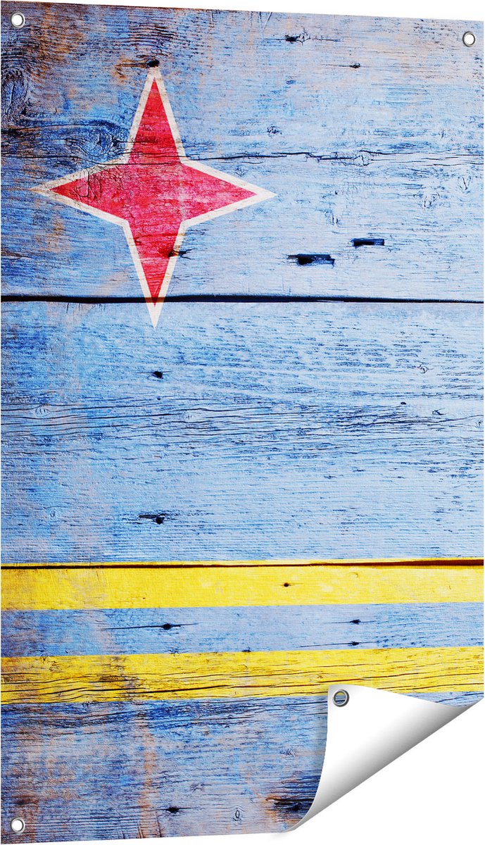 Gards Tuinposter Aruba Vlag op Hout - 60x90 cm - Tuindoek - Tuindecoratie - Wanddecoratie buiten - Tuinschilderij Multikleur