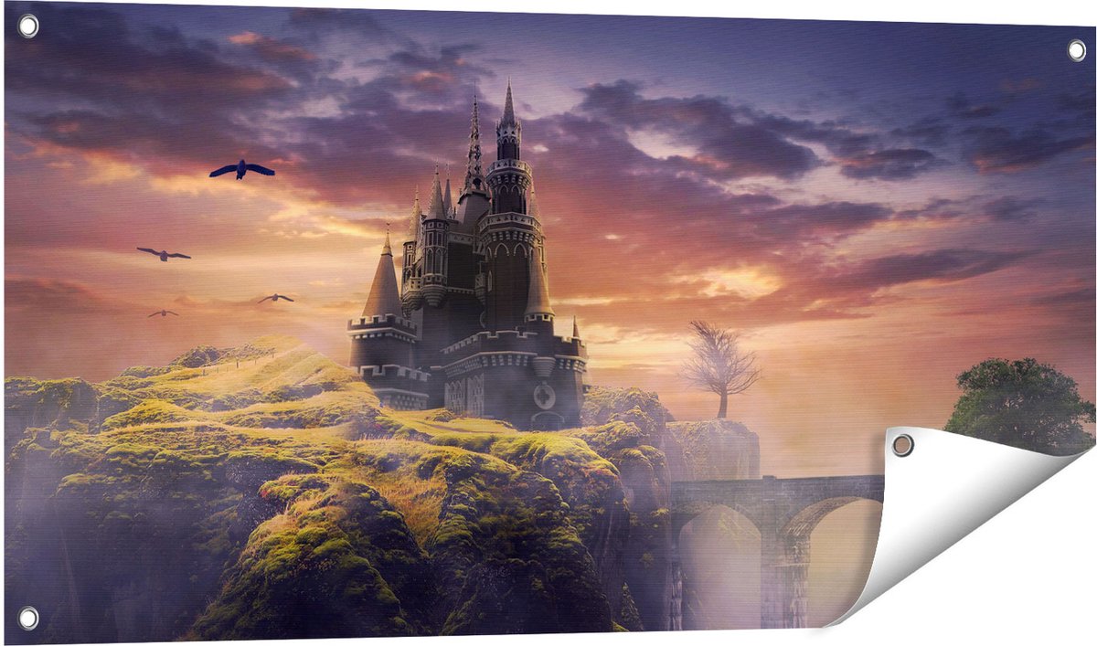 Gards Tuinposter Oud Kasteel op een Heuvel - 100x50 cm - Tuindoek - Tuindecoratie - Wanddecoratie buiten - Tuinschilderij Multikleur