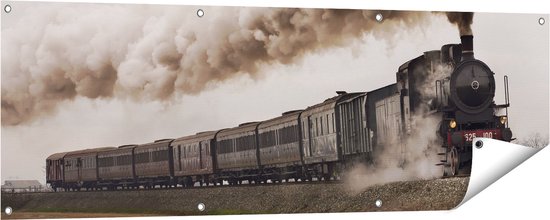 Gards Tuinposter Locomotief Trein met Rook Wolken - 150x50 cm - Tuindoek - Tuindecoratie - Wanddecoratie buiten - Tuinschilderij