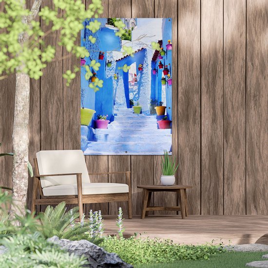 Gards Affiche de jardin Maisons bleues avec Pots de fleurs au Maroc Chefchaouen - 80x120 cm - Toile jardin - Décoration de jardin - Décoration murale extérieur - Tableau jardin