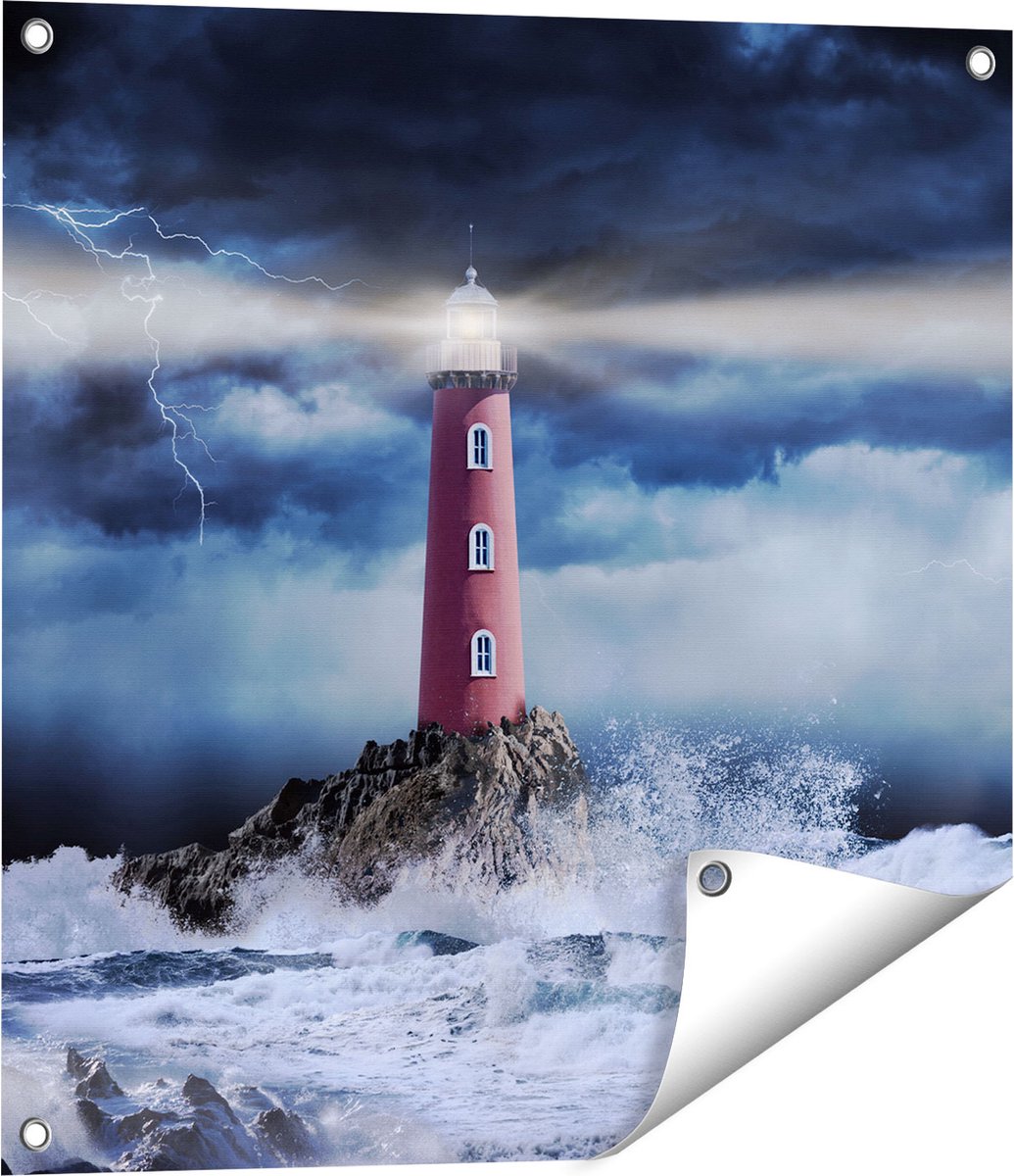Gards Tuinposter Vuurtoren op een Storm Zee met Golfen Water - 60x60 cm - Tuindoek - Tuindecoratie - Wanddecoratie buiten - Tuinschilderij Multikleur