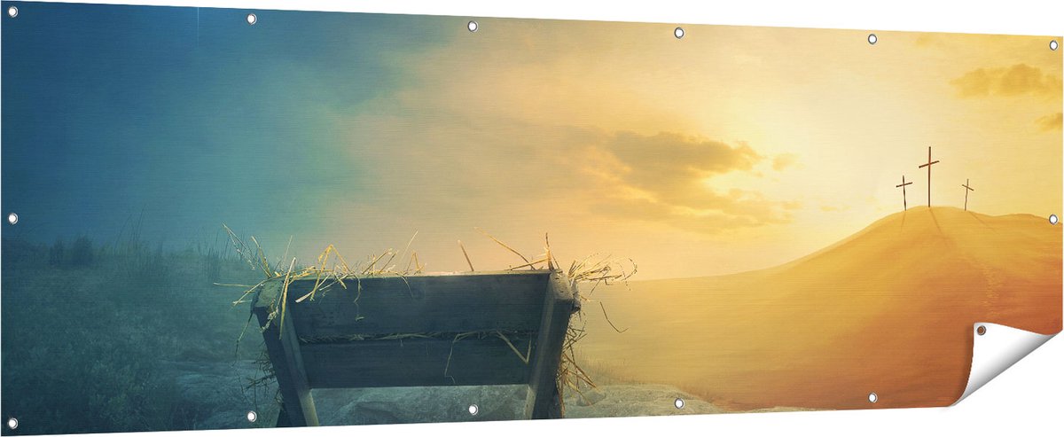 Gards Tuinposter Kribbe en Drie Kruisen - 210x70 cm - Tuindoek - Tuindecoratie - Wanddecoratie buiten - Tuinschilderij Multikleur