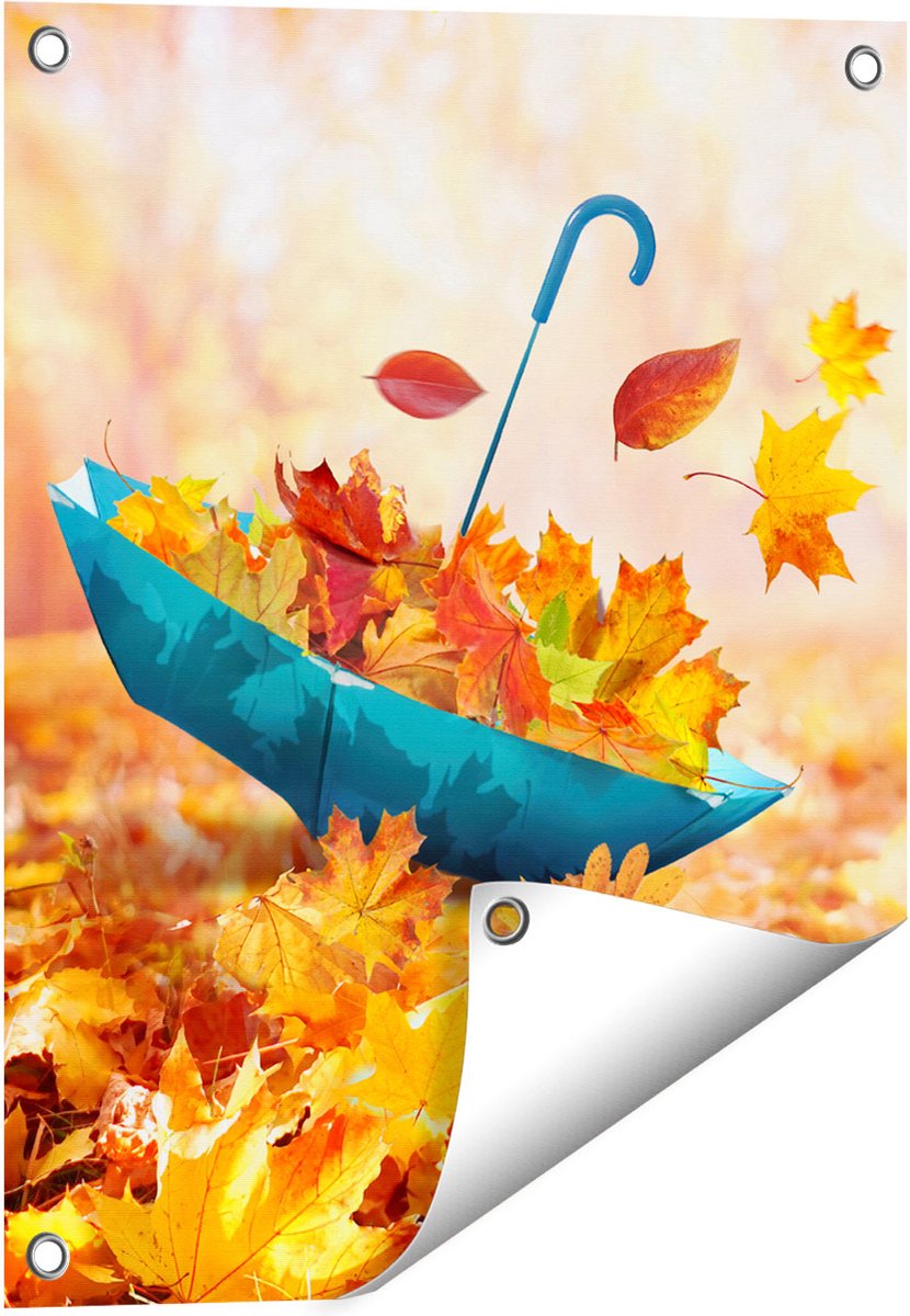Gards Tuinposter Blauwe Paraplu in de Herfstbos met Bladeren - 40x50 cm - Tuindoek - Tuindecoratie - Wanddecoratie buiten - Tuinschilderij Multikleur