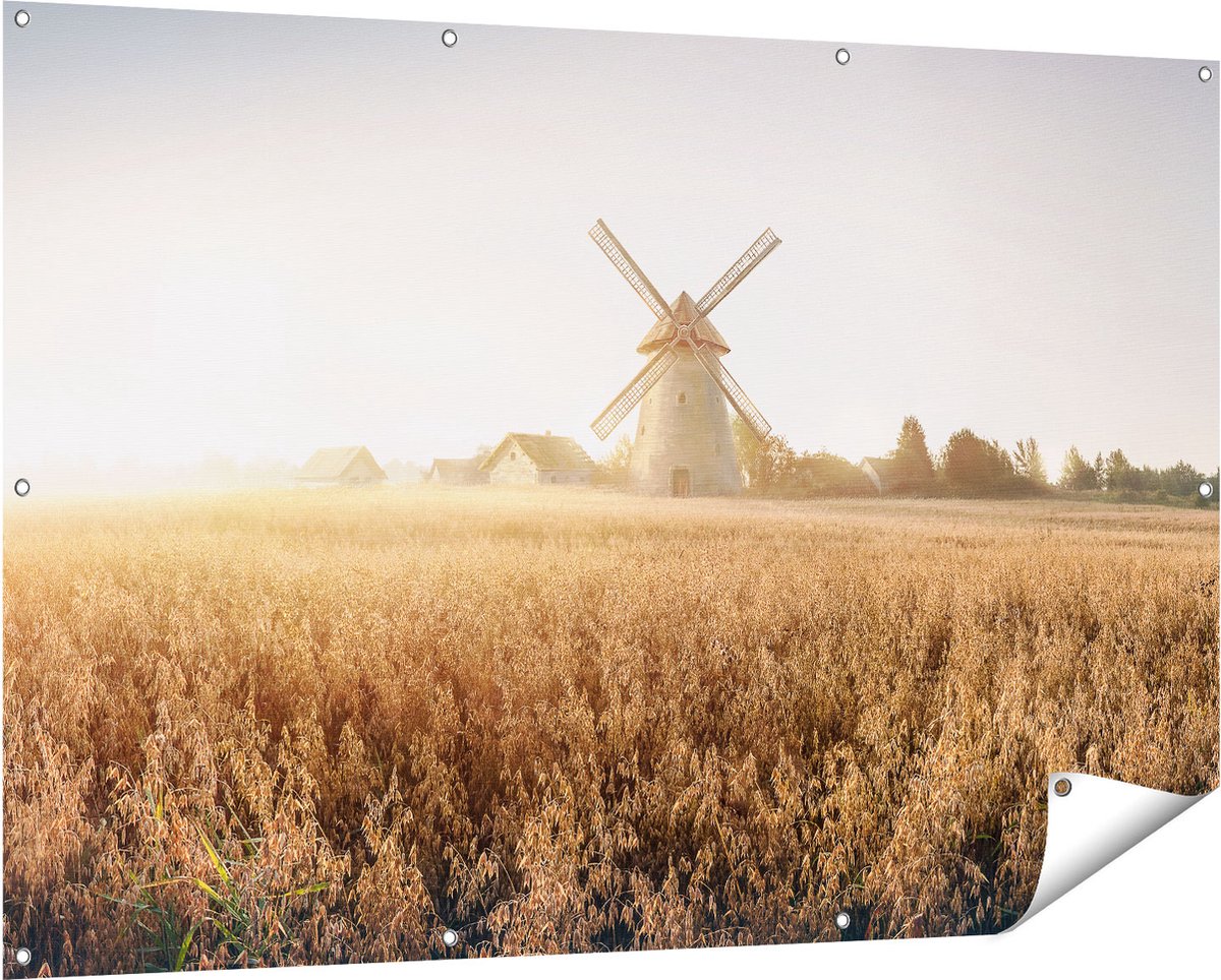 Gards Tuinposter Windmolen in het Veld - 150x100 cm - Tuindoek - Tuindecoratie - Wanddecoratie buiten - Tuinschilderij Multikleur