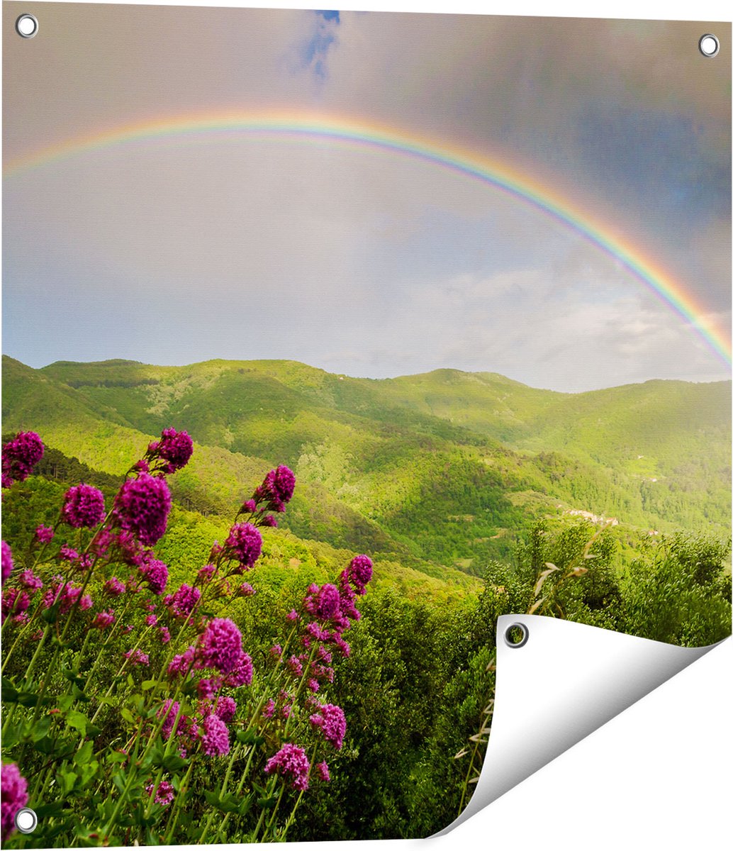 Gards Tuinposter Regenboog in de Heuvel Bossen - 60x60 cm - Tuindoek - Tuindecoratie - Wanddecoratie buiten - Tuinschilderij Multikleur