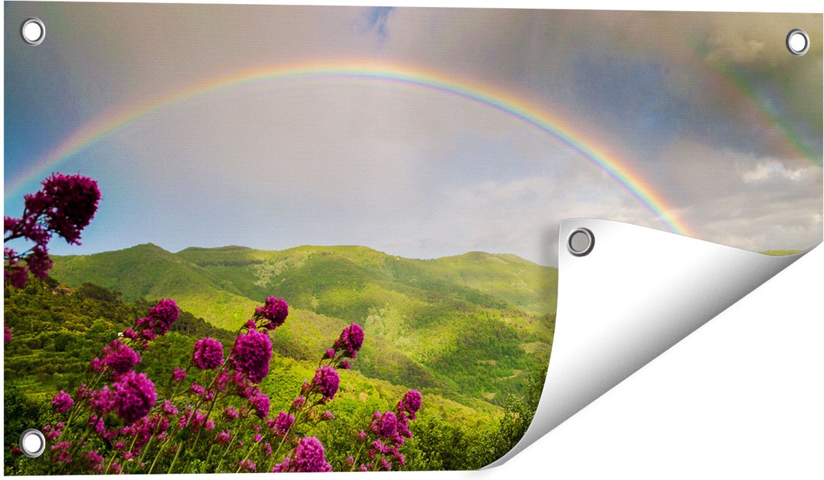 Gards Tuinposter Regenboog in de Heuvel Bossen - 60x30 cm - Tuindoek - Tuindecoratie - Wanddecoratie buiten - Tuinschilderij Multikleur