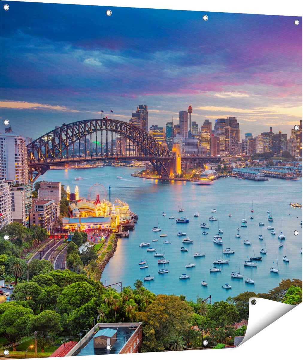 Gards Tuinposter Sydney Harbour Bridge in de Avond - 110x110 cm - Tuindoek - Tuindecoratie - Wanddecoratie buiten - Tuinschilderij Multikleur