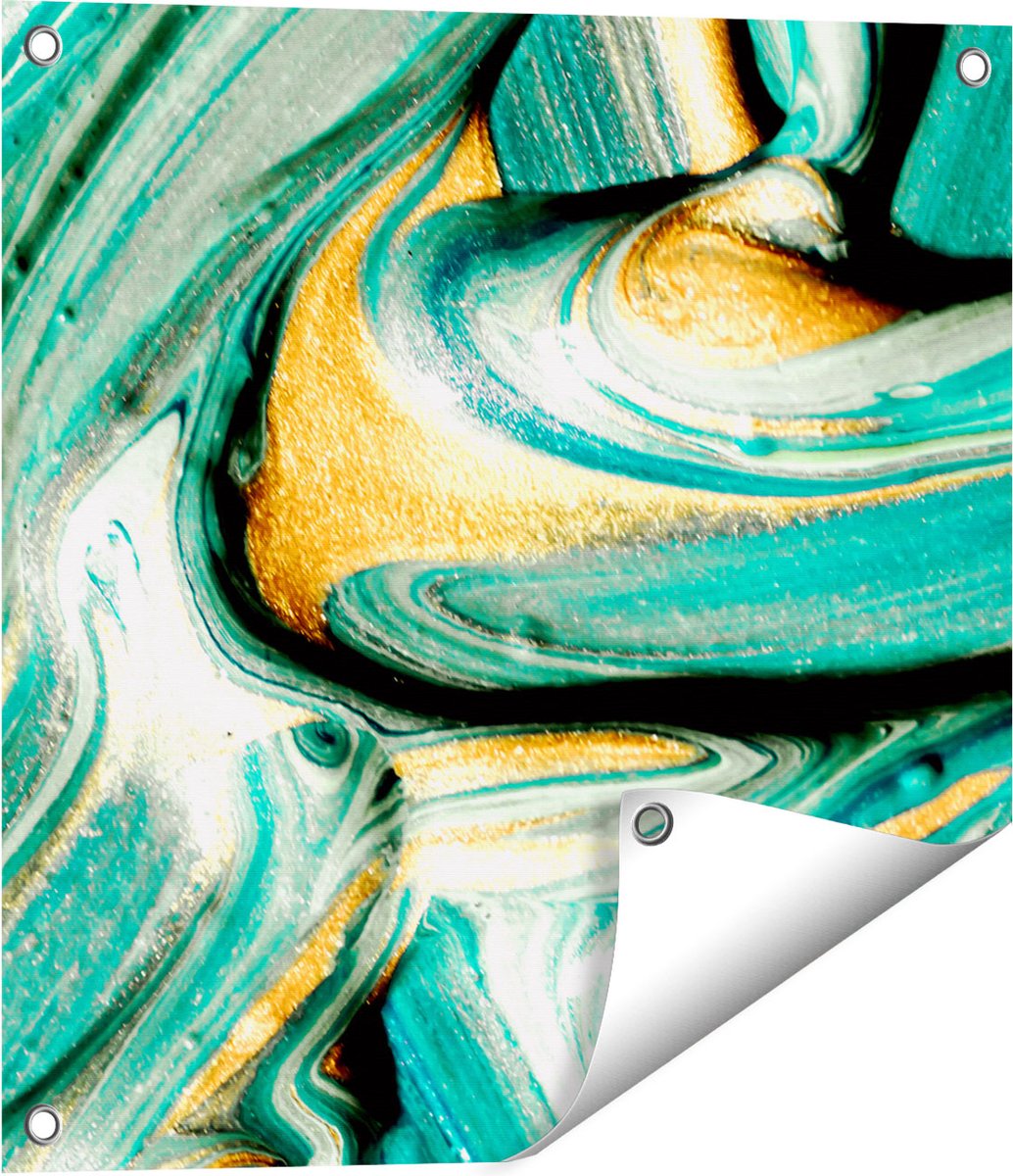 Gards Tuinposter Abstracte Kunst - Groen met Gouden Verf - 50x50 cm - Tuindoek - Tuindecoratie - Wanddecoratie buiten - Tuinschilderij Multikleur