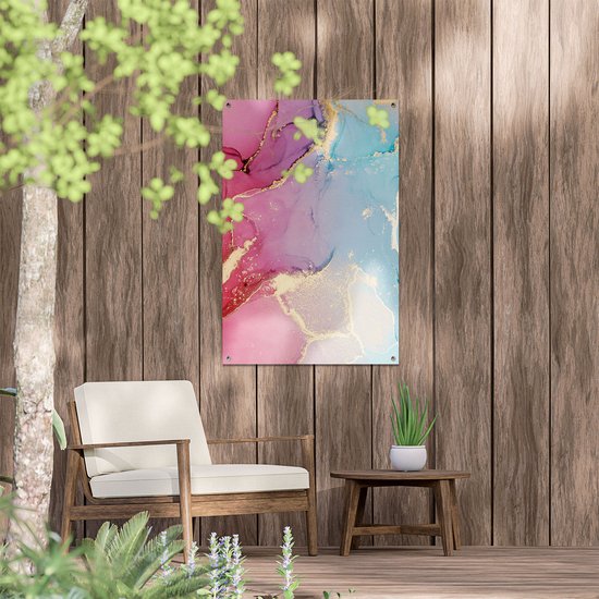 Gards Tuinposter Abstracte Kunst van Marmer - Roze met Blauw - 60x90 cm - Tuindoek - Tuindecoratie - Wanddecoratie buiten - Tuinschilderij