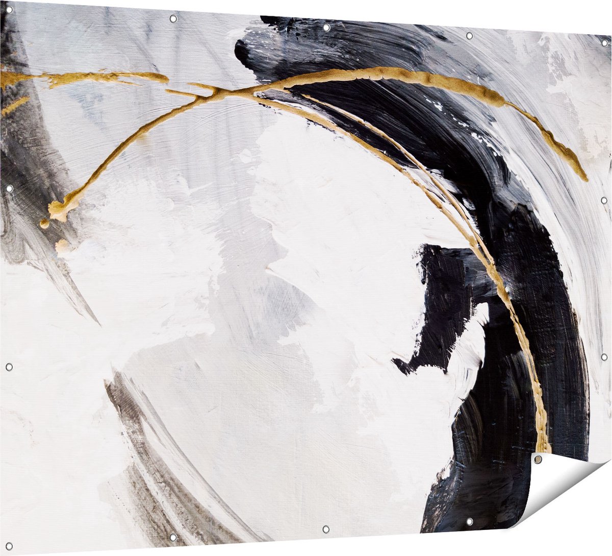 Gards Tuinposter Abstracte Kunst - Wit met Zwart en Goud - 160x120 cm - Tuindoek - Tuindecoratie - Wanddecoratie buiten - Tuinschilderij Multikleur