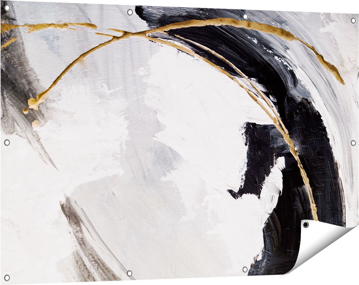 Gards Tuinposter Abstracte Kunst - Wit met Zwart en Goud - 120x80 cm - Tuindoek - Tuindecoratie - Wanddecoratie buiten - Tuinschilderij Multikleur