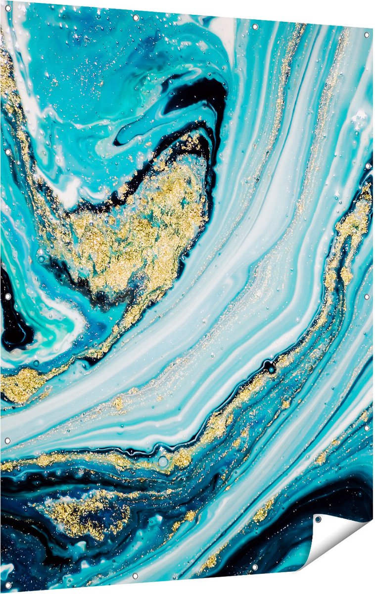Gards Tuinposter Abstracte Luxe Kunst in het Blauw met Goud - 120x160 cm - Tuindoek - Tuindecoratie - Wanddecoratie buiten - Tuinschilderij Multikleur