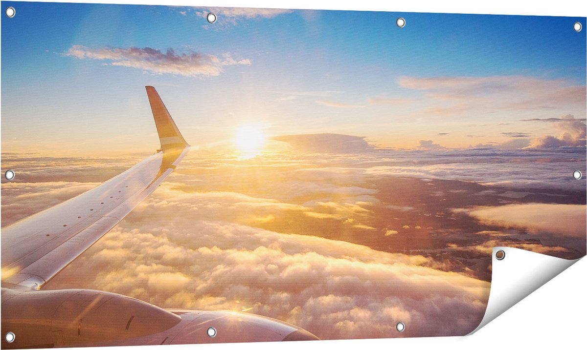 Gards Tuinposter Vliegtuig in de Lucht met de Zon - 120x60 cm - Tuindoek - Tuindecoratie - Wanddecoratie buiten - Tuinschilderij Multikleur