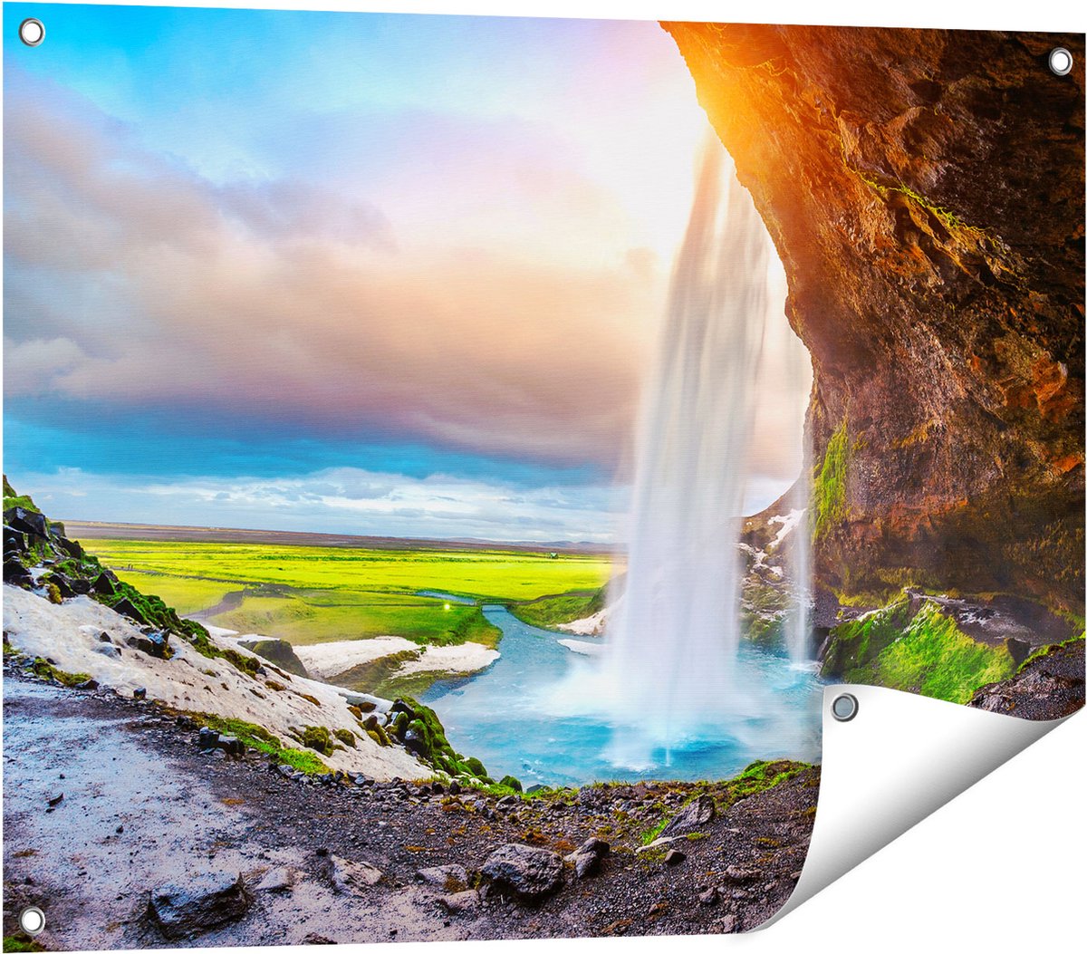 Gards Tuinposter Waterval van een Klif bij Zonsondergang - 80x60 cm - Tuindoek - Tuindecoratie - Wanddecoratie buiten - Tuinschilderij Multikleur