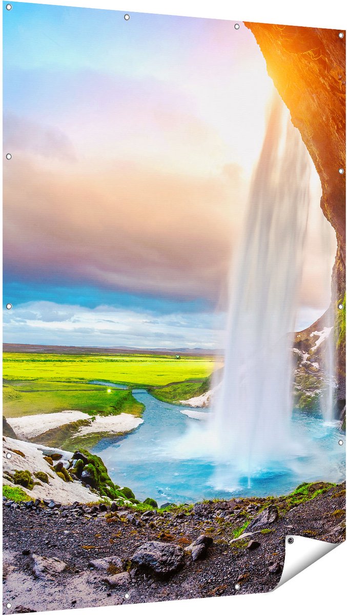 Gards Tuinposter Waterval van een Klif bij Zonsondergang - 120x180 cm - Tuindoek - Tuindecoratie - Wanddecoratie buiten - Tuinschilderij Multikleur