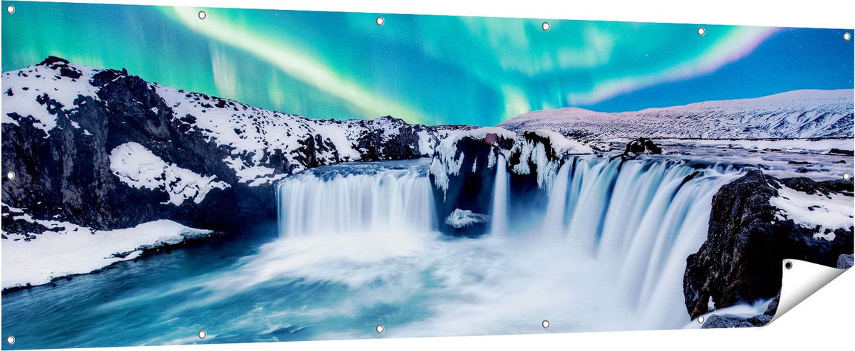 Gards Tuinposter Watervallen met het Groene Noorderlicht - 210x70 cm - Tuindoek - Tuindecoratie - Wanddecoratie buiten - Tuinschilderij Multikleur