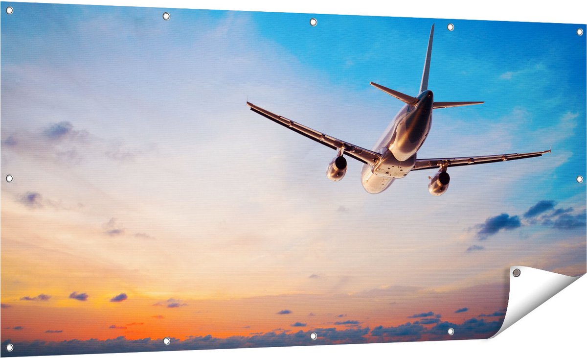 Gards Tuinposter Vliegtuig Boven de Zee bij Zonsondergang - 160x80 cm - Tuindoek - Tuindecoratie - Wanddecoratie buiten - Tuinschilderij Multikleur
