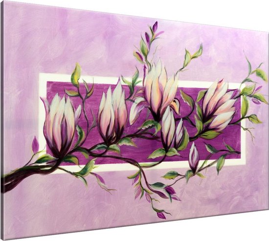 Schilderij - Magnolia - Paars , Roze , Groen - 120x70cm 1Luik - GroepArt - Handgeschilderd Schilderij - Canvas Schilderij - Wanddecoratie - Woonkamer - Slaapkamer - Geschilderd Door Onze Kunstenaars 2000+Collectie Maatwerk Mogelijk