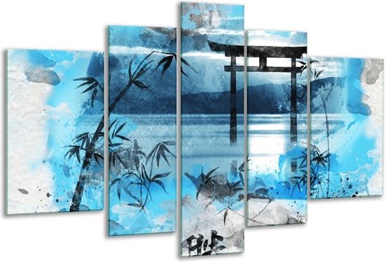 Glasschilderij Chinese Poort - Blauw, Grijs, Zwart - 170x100cm 5Luik - Foto Op Glas - Geen Acrylglas Schilderij - 6000+ Glasschilderijen Collectie - Wanddecoratie