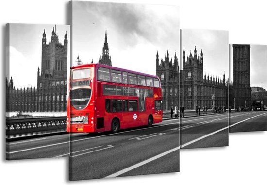 GroepArt - Schilderij -  Engeland, London - Zwart, Wit, Rood - 160x90cm 4Luik - Schilderij Op Canvas - Foto Op Canvas