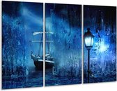 GroepArt - Schilderij -  Boot - Blauw, Wit, Zwart - 120x80cm 3Luik - 6000+ Schilderijen 0p Canvas Art Collectie
